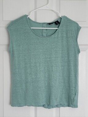 Tahari Light Teal Blue 100% Linen Sleeveless Button Back Scoop Neck Shirt